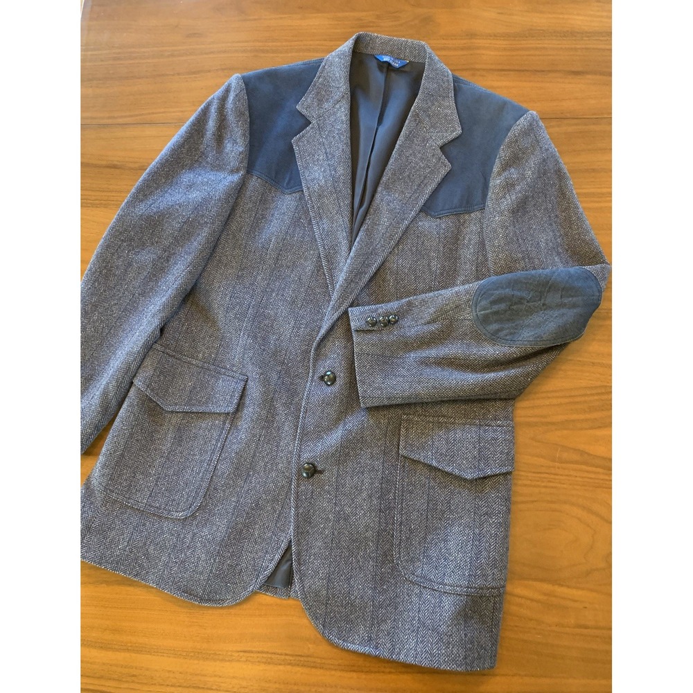 VTG Pendleton Wool Western Blazer Mens 44 Tall USA Suede Elbow Herringbone Tweed